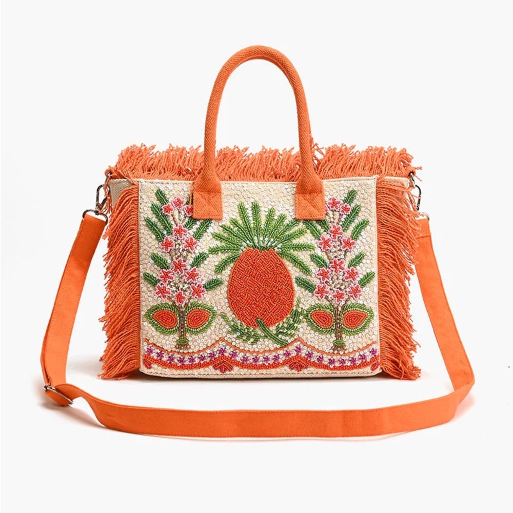 Viral Beaded Cream & Orange Pineapple Tote Bag w/ Fringe